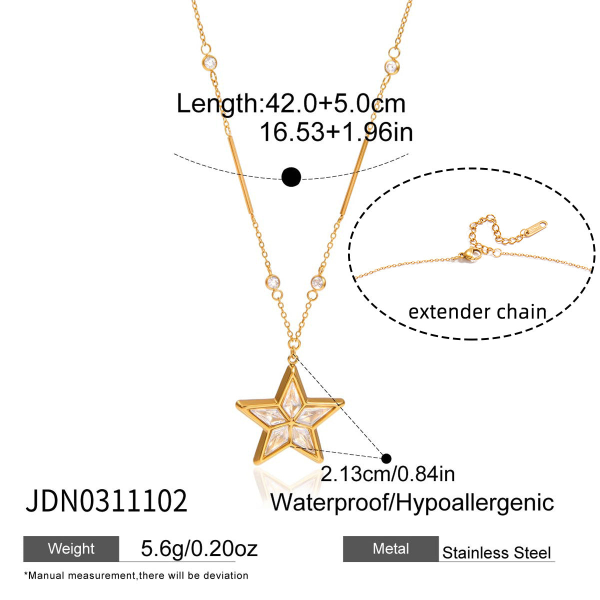 Collana con Ciondolo a Stella a Cinque Punte Minimalista in Acciaio al Titanio con Intarsio di Strass e Placcatura in Oro PVD da Donna