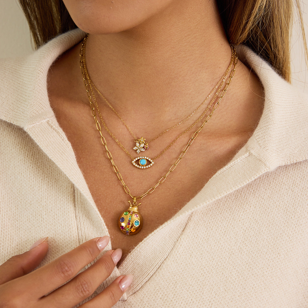 Minimalist Geometric Ladybug Stainless Steel PVD Necklace for Women