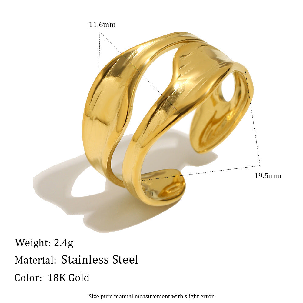 Minimalist 18K Gold Plated Geometric Hammered Textured Wide Band Open Ring for Women
