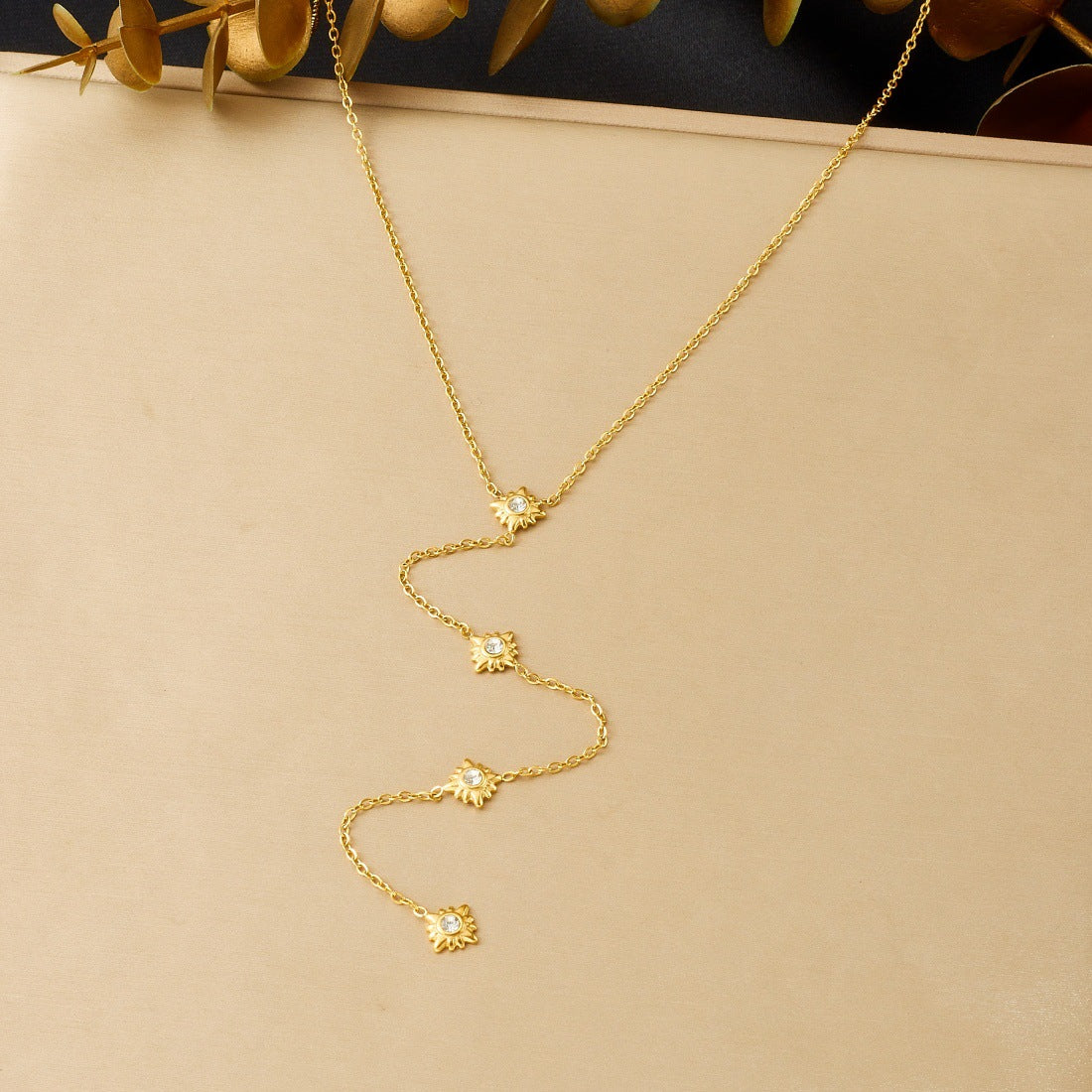 Elegant Gold Plated Stainless Steel Y-Chain Necklace with Rhinestone Floral and Star Charms