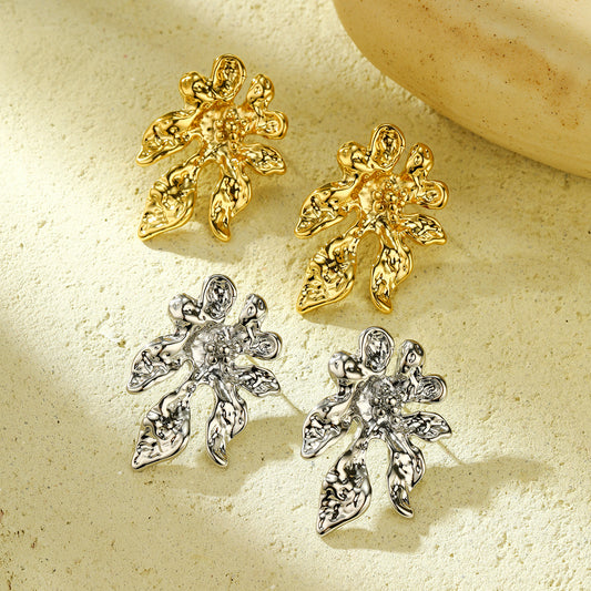 Fashionable Floral Stainless Steel Earrings for Women with Plated Finish and Irregular Flower Shape