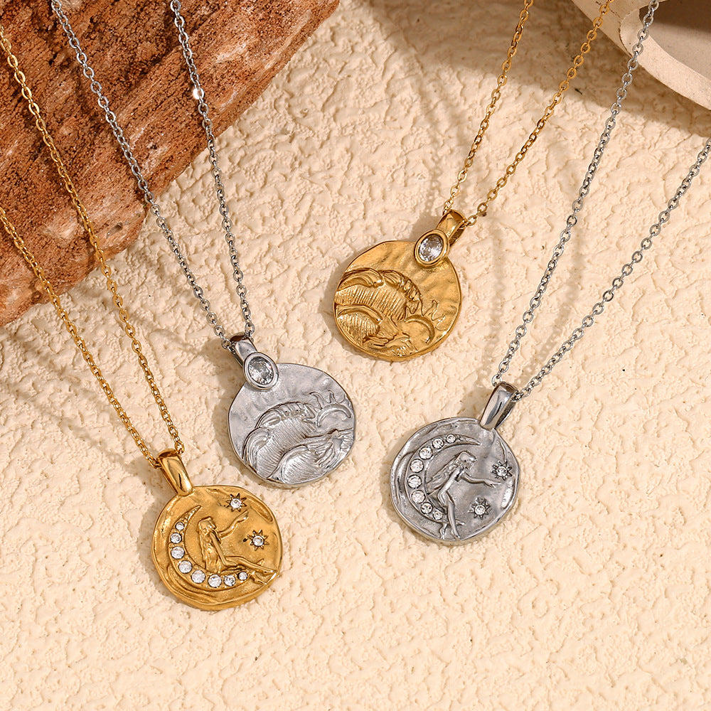 Collana da donna vintage in stile francese con ciondolo geometrico Sole e Luna in acciaio inossidabile placcato oro 18K