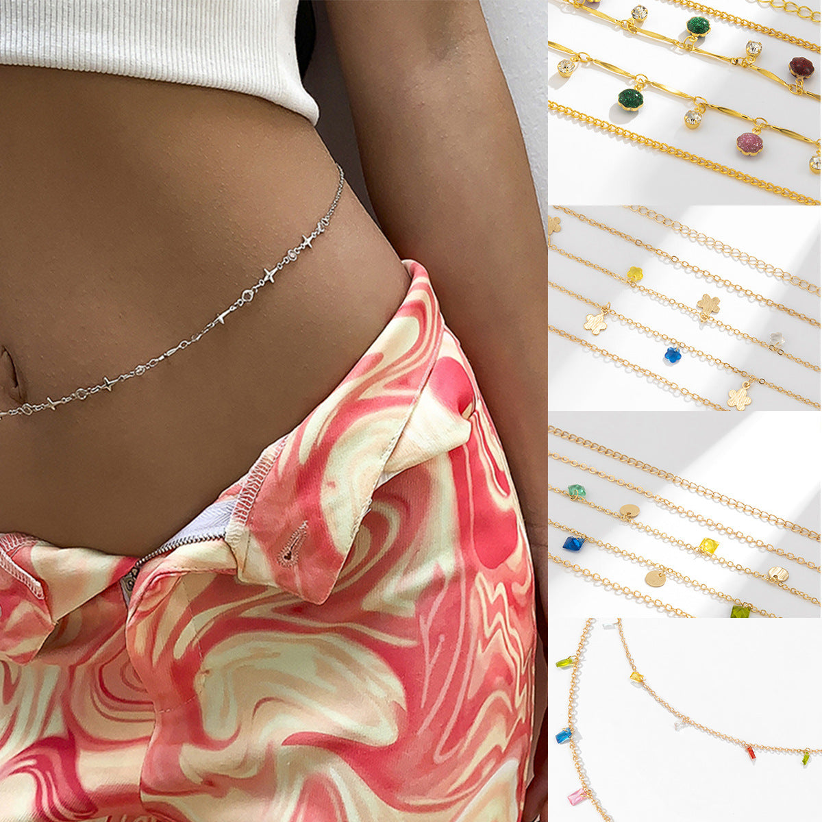 Catena a Punto Vita da Donna a Nappa con Ciondolo a Croce Geometrica Minimalista a Stella con Accenti di Strass in Metallo