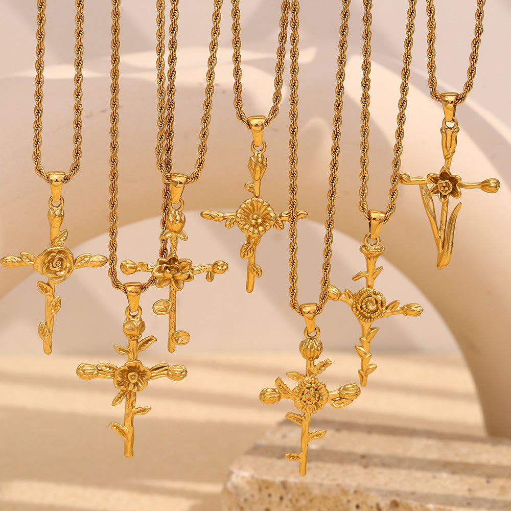Vintage French-Style Floral Pendant Necklace in Stainless Steel with 18K Gold Plating for Women