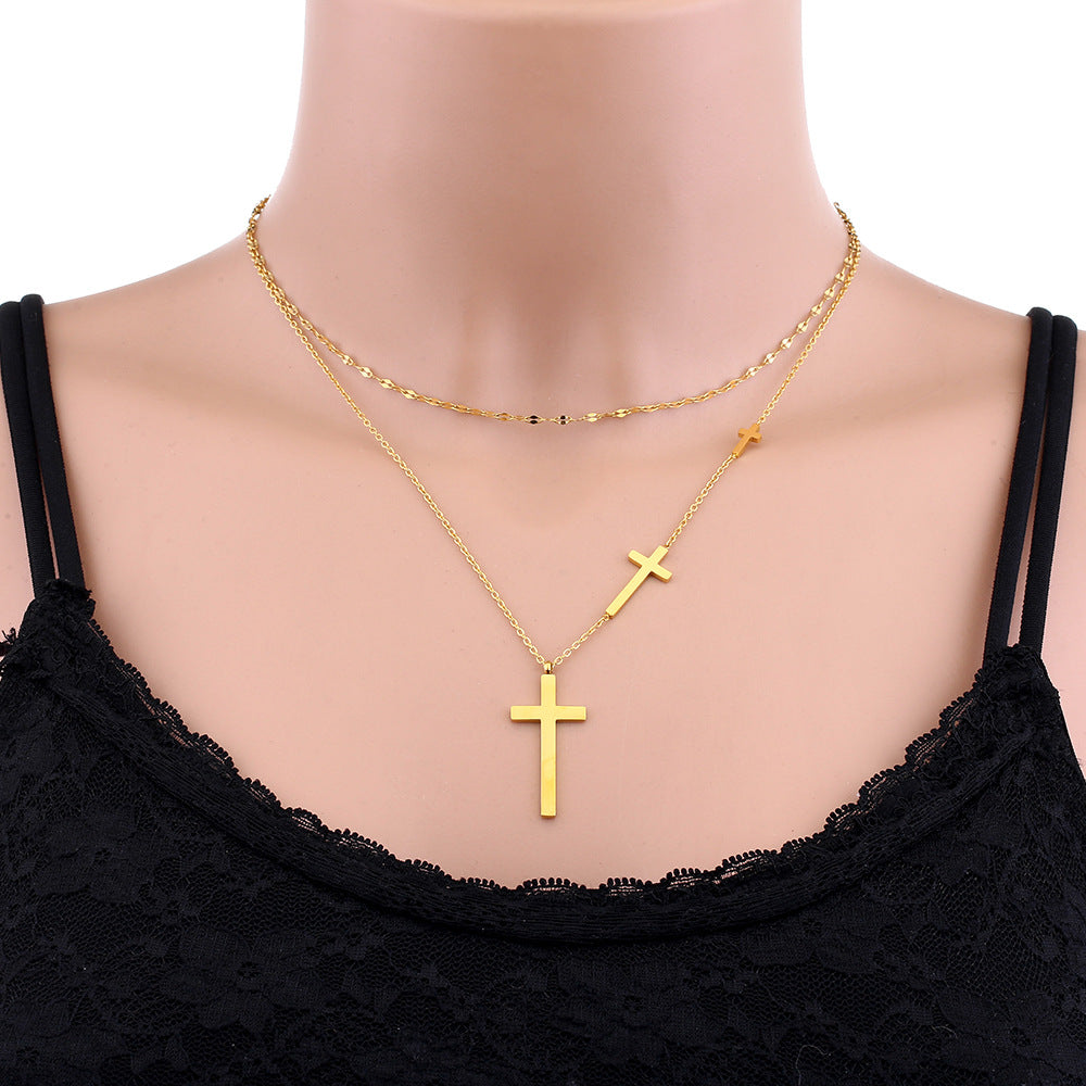 Elegante Collar de Acero de Titanio con Colgante de Cruz para Mujer con Baño de Oro de 18K, Cadena Doble O y Diseño Geométrico