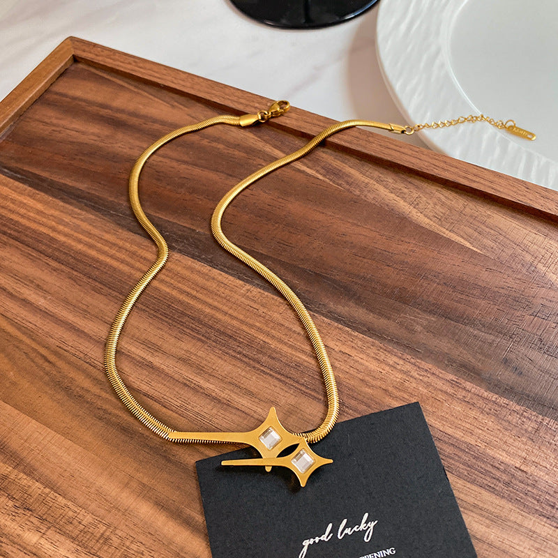Sweet Streetwear Gold Plated Titanium Steel Double Star Micro-set Cubic Zirconia Flat Snake Chain Necklace