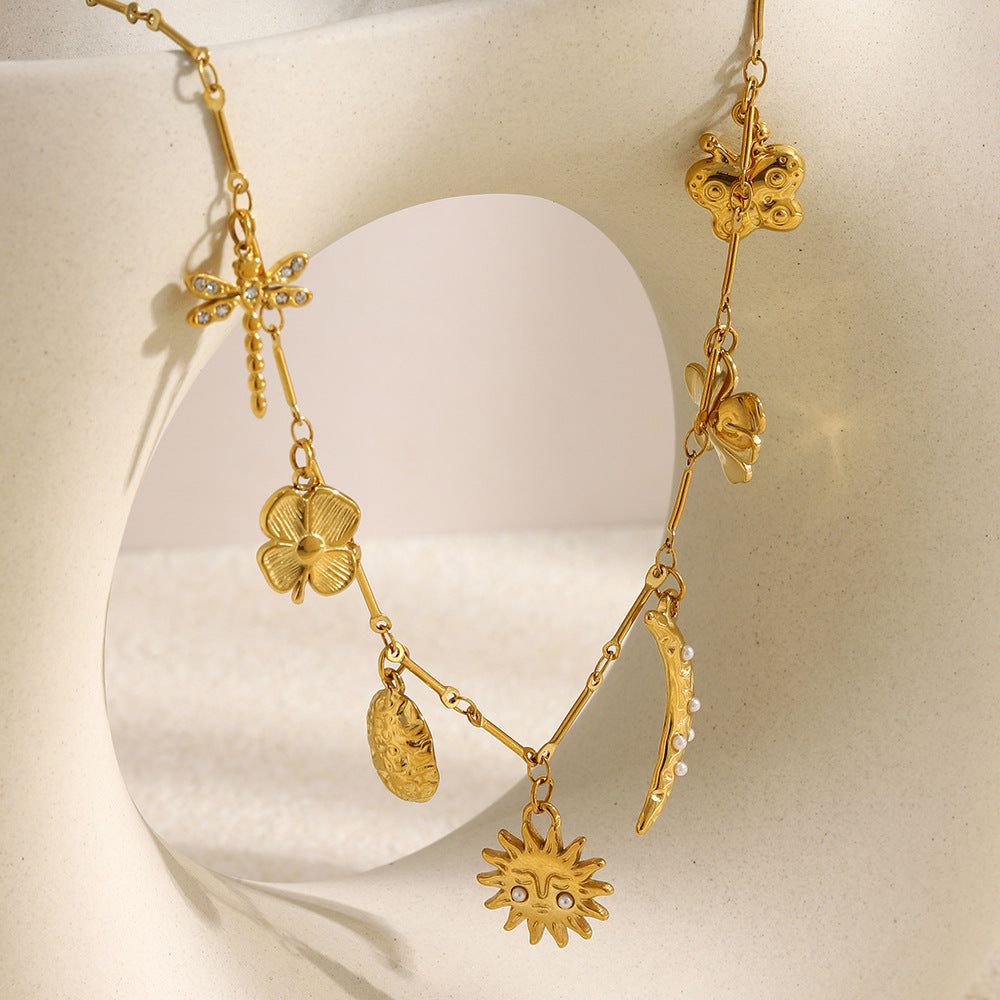 Elegant Luxury 18K Gold Plated Stainless Steel Moon Floral Pendant Necklace for Women