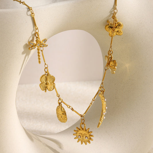 Elegant Luxury 18K Gold Plated Stainless Steel Moon Floral Pendant Necklace for Women