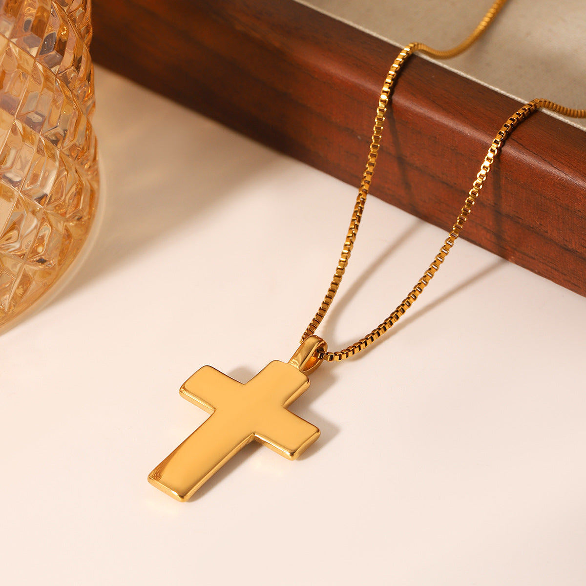 Trendy Geometric Cross Pendant Necklace 18K Gold Plated Stainless Steel Box Chain Rhinestone Inlay Women Jewelry