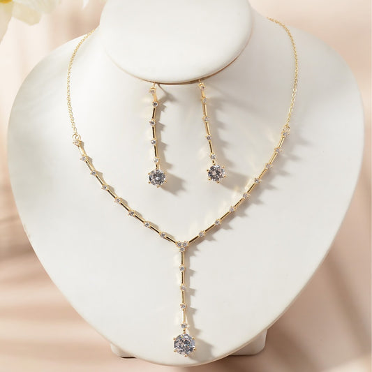 Minimalist Elegant Round Star Moon Geometric Cubic Zirconia Inlay Rhinestone Pendant Necklace for Women Wedding Party Jewelry Set