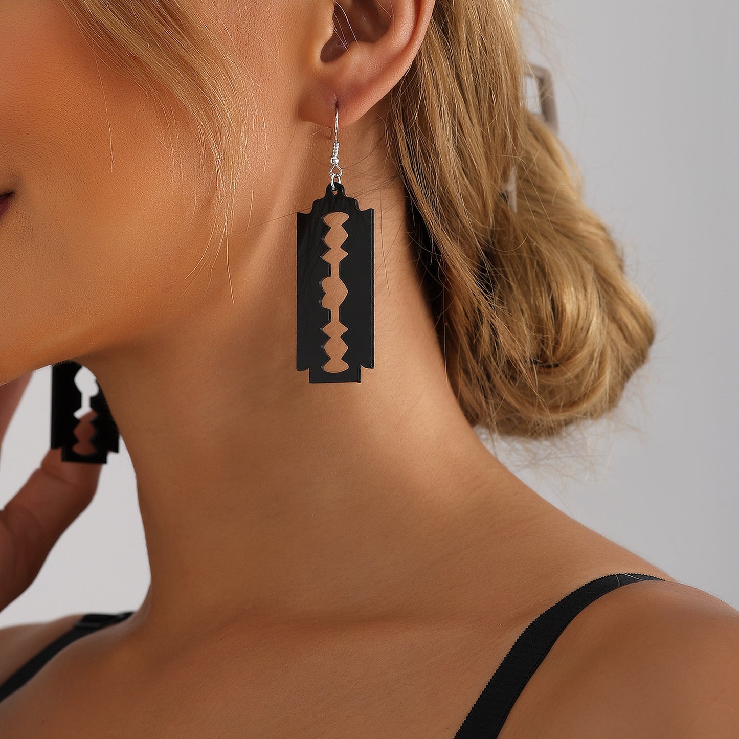 Geometric Blade-Shaped Alloy Earrings for Women with Plated Finish and Hollow-Cut Acrylic Accents
