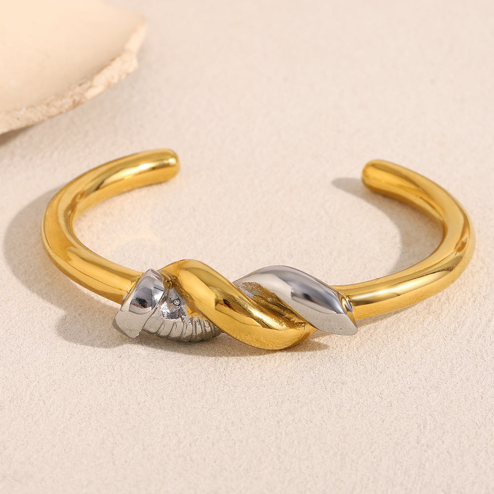 Twisted Screw Knot Open Bangle Bracelet in Stainless Steel with 18K Gold Plating for Women