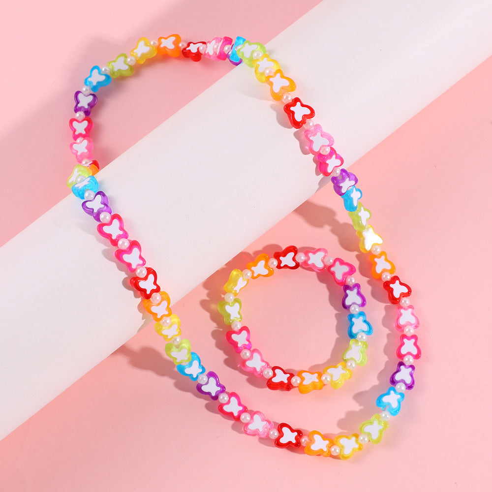 Dulce conjunto de collar acrílico con forma de mariposa para niñas, con cadena de cuentas, estilo princesa, joyería infantil