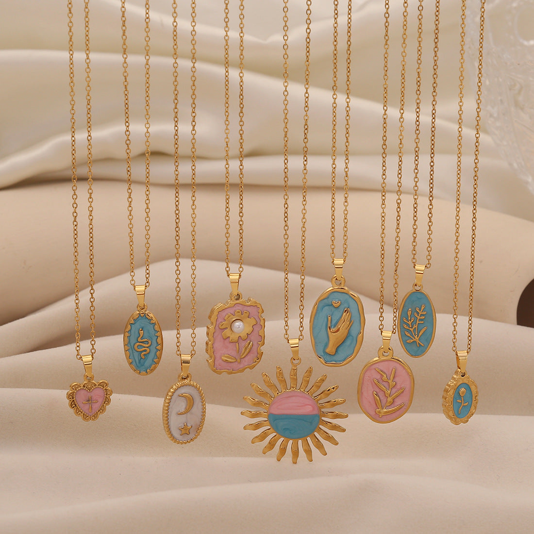 Collar con colgante de girasol floral de primavera en colores pastel de acero inoxidable con motivos de trigo y estrella-luna