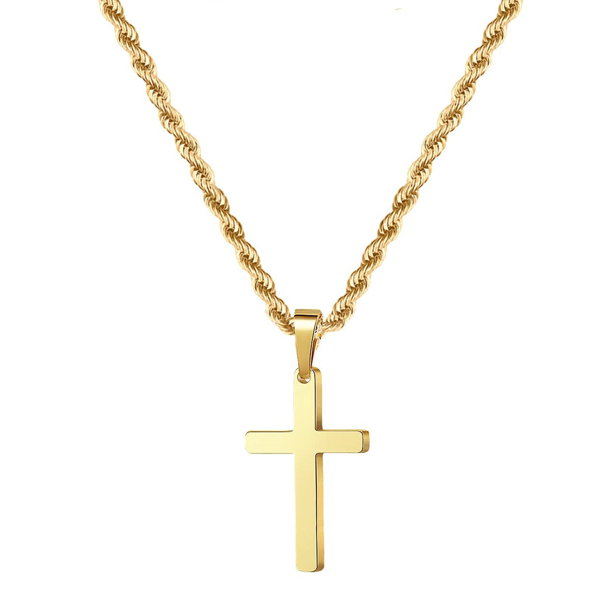 Geometric Cross Pendant Necklace in Stainless Steel with Gold Plating for Men and Women, Cuban Chain Style