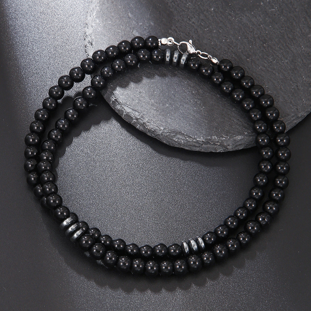 Bohemian Matte Geometric Round Stainless Steel and Acrylic Beaded Necklace with Alloy Pendant