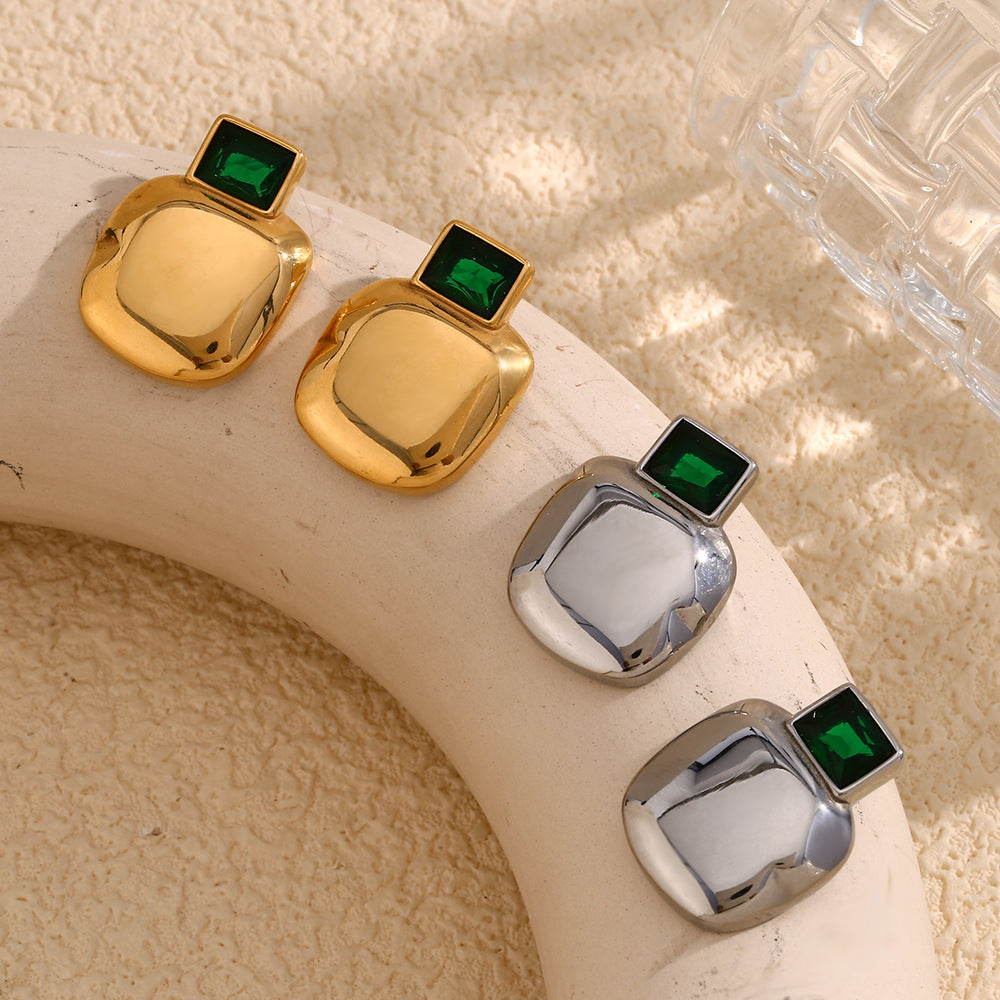 Orecchini vintage geometrici in acciaio inossidabile con placcatura in oro 18K e perni quadrati lucidi con zirconi verdi da donna