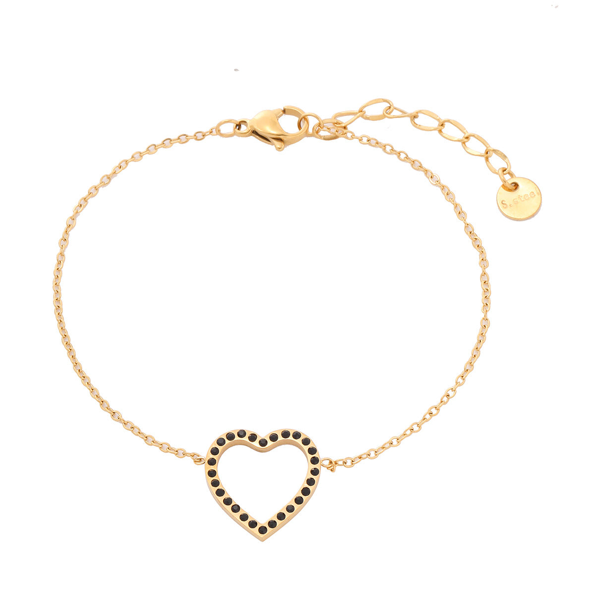 Bracciale da donna in acciaio inossidabile a forma di cuore cavo, alla moda e minimalista, con strass micro-incastonati e finitura placcata