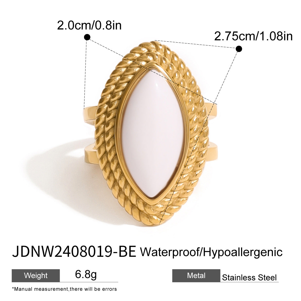 Anello da donna ovale in acciaio inossidabile placcato oro 18K vintage con agata geometrica