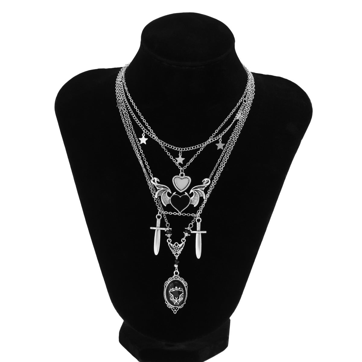 Dulce y Atrevido Collar con Colgante de Daga de Inspiración Vintage con Dijes de Corazón y Murciélago, Acentos de Borlas, Aleación Adornada con Diamantes de Imitación, Acabado Galvanizado para Mujer