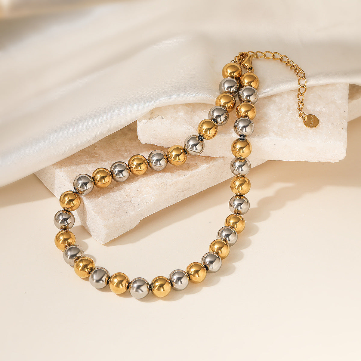 Minimalist 18K Gold Plated Round Ball Chain Stainless Steel Necklace and Bracelet Set for Women