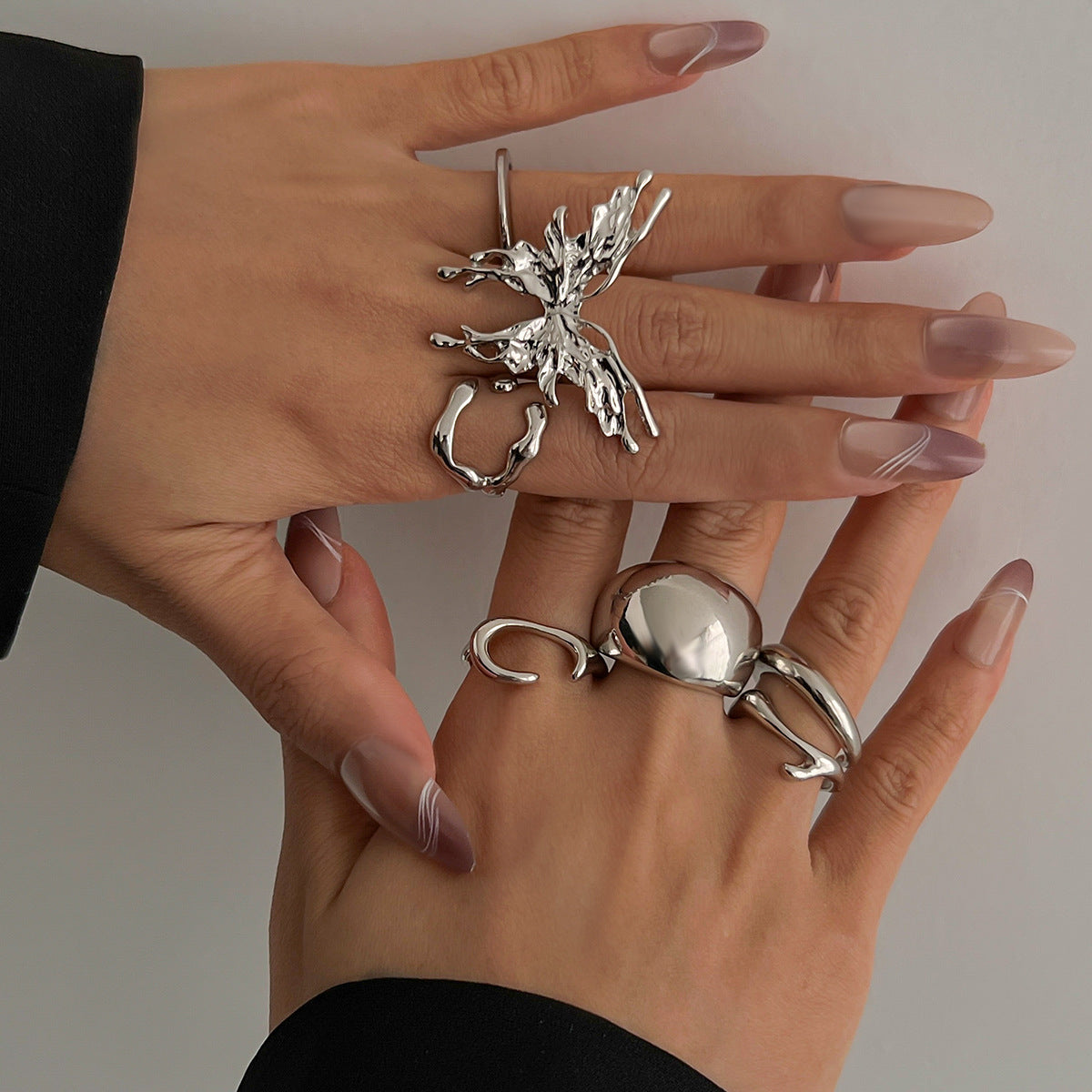 Minimalist Geometric Butterfly Plated Zinc Alloy Ring Set for Women