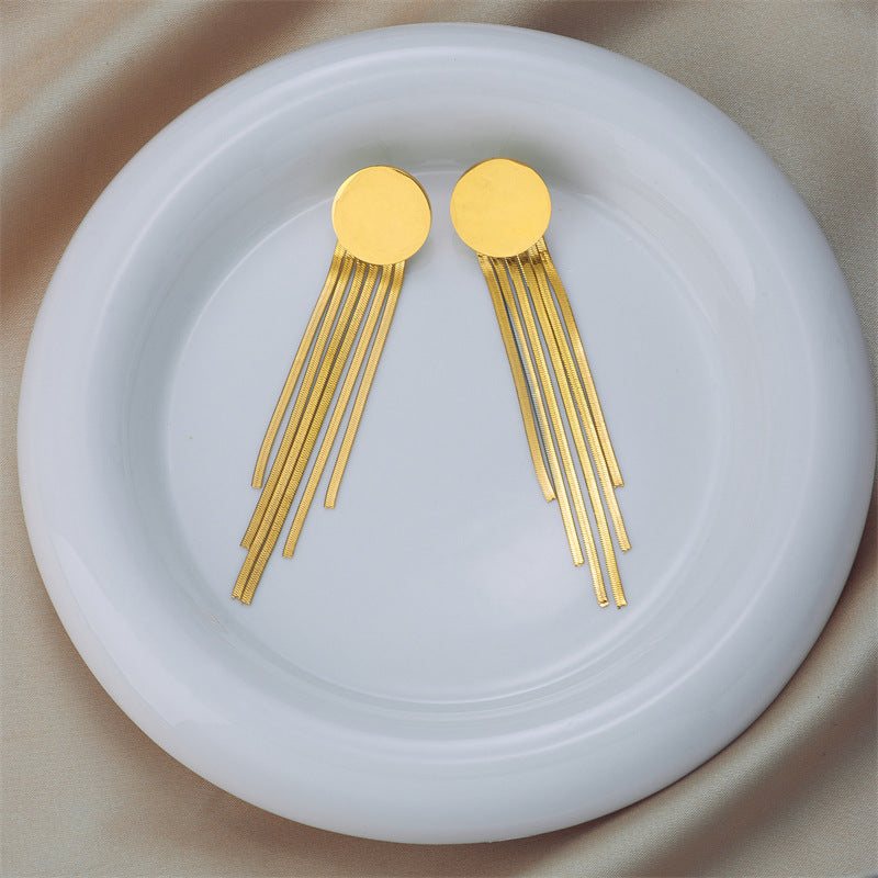 Minimalist Titanium Steel Geometric Pendant Earrings with Tassel and Circular Accents