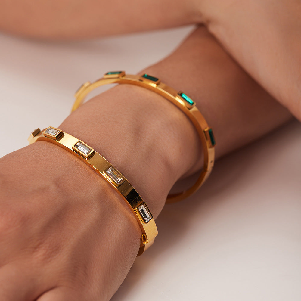 Minimalist Geometric Titanium Steel Bracelet for Women with Green and White Zircon Inlay and Plated Finish