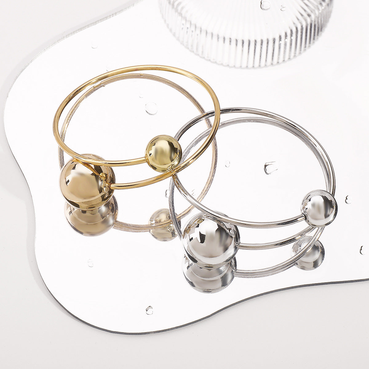 Vintage Geometric Asymmetrical Circle Bead Choker Necklace and Open Bangle Bracelet for Women with Electroplated Iron Finish