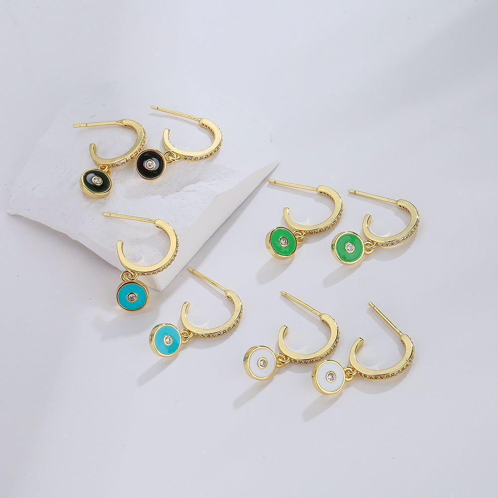Cartoon Style Geometric Copper Earrings with 18K Gold Plating and Enamel Eye Design for Women