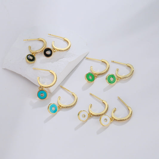 Orecchini geometrici in rame placcato oro 18 carati, stile cartone animato, con smalto a forma di occhio per donna