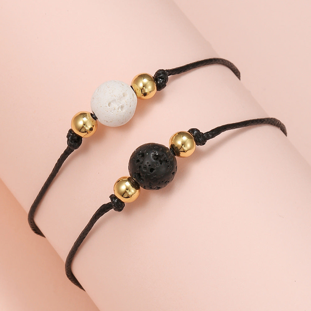 Minimalist Geometric Alloy and Natural Volcanic Stone Beaded Bracelet Set Handmade Adjustable Essential Oil Diffuser Jewelry for Unisex