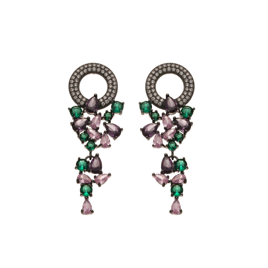 Orecchini geometrici a goccia stile vintage con intarsio di zirconi, base in rame e perni in acciaio inossidabile
