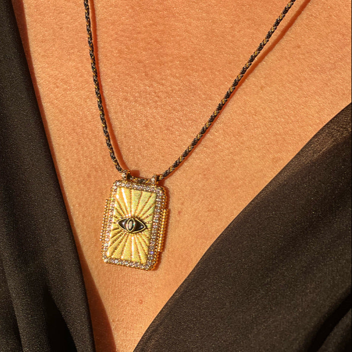 Collana con Ciondolo Tarocchi Bohemien Vintage con Motivi Sole Luna Stella e Cuore in Rame con Intarsio di Strass