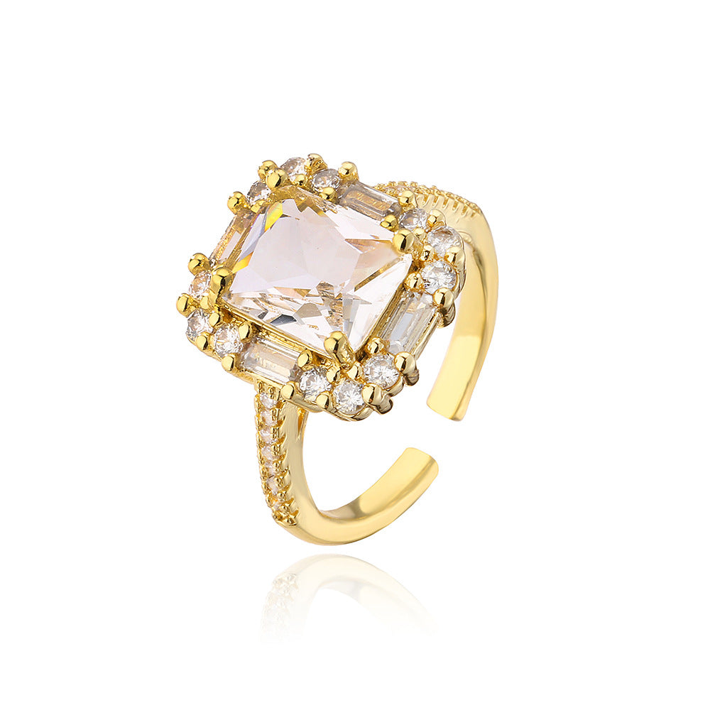 Minimalist Geometric Copper Ring with 18K Gold Plating and Zircon Inlay for Women