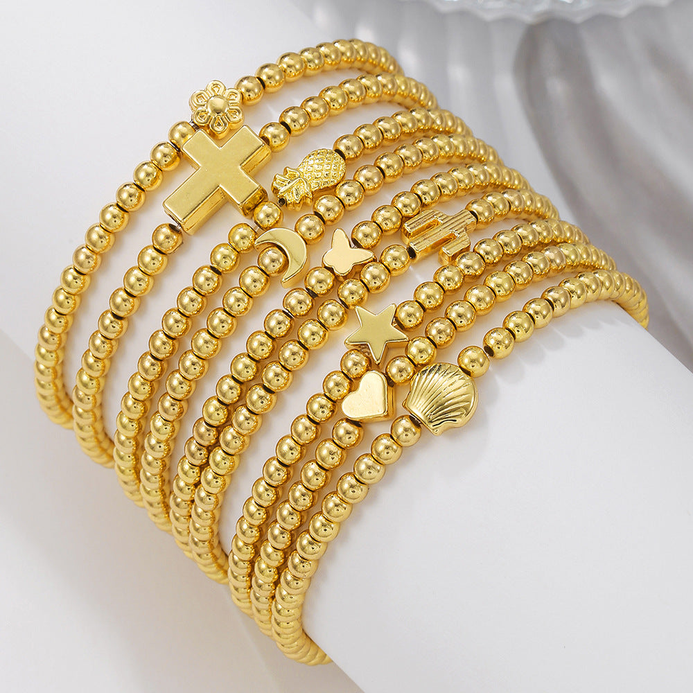 Bracciale elastico da donna con luna geometrica minimalista, croce, cactus e conchiglia a forma di cuore