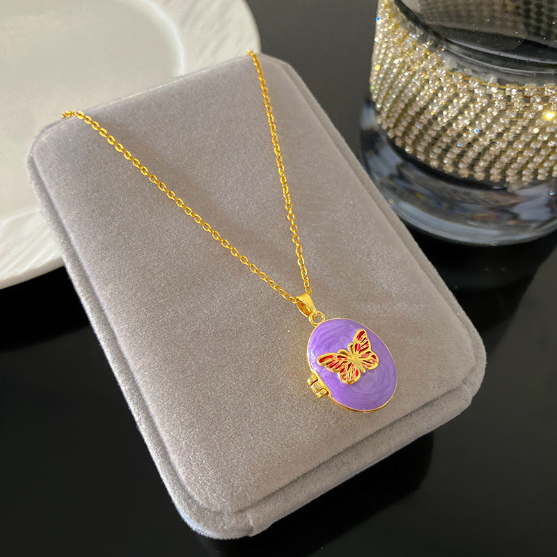 Vintage Enamel Drip Oil Oval Heart Brass Pendant Titanium Steel Necklace Cable Chain