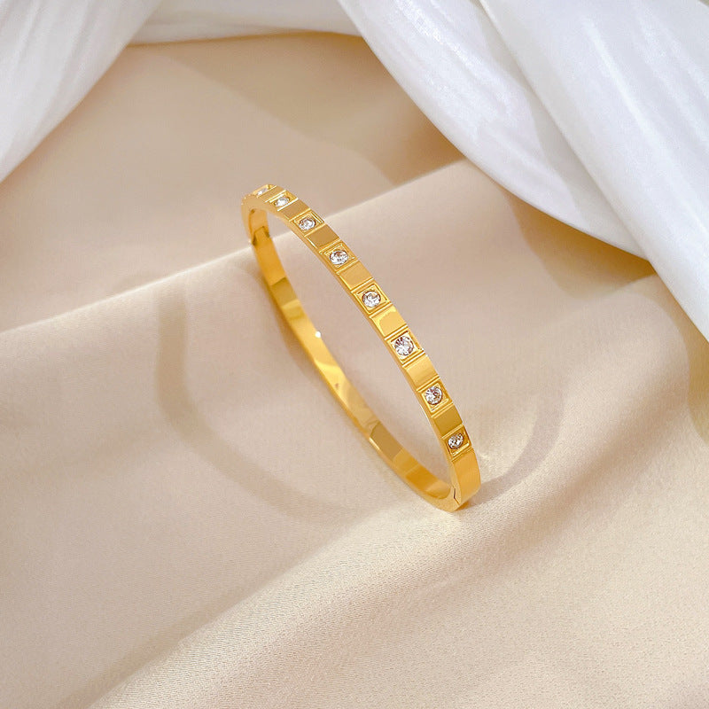 Pulsera Minimalista de Acero de Titanio con Incrustaciones Completas de Diamantes de Imitación, Joyería de Acero Inoxidable de Inspiración Vintage para Mujer