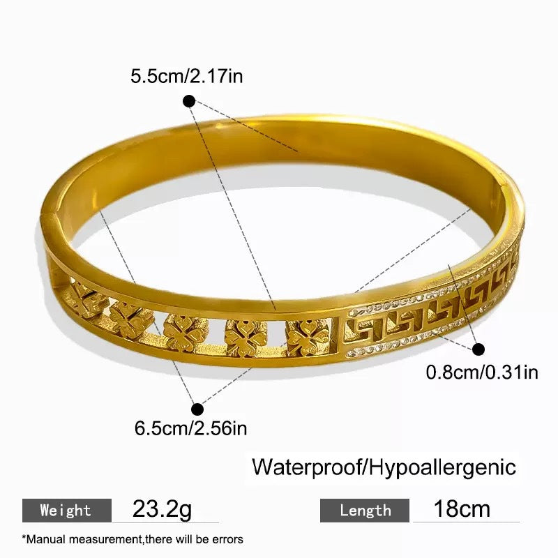 Luxury Paved Rhinestone Greek Key Hollow Clover Titanium Steel Bracelet for Women