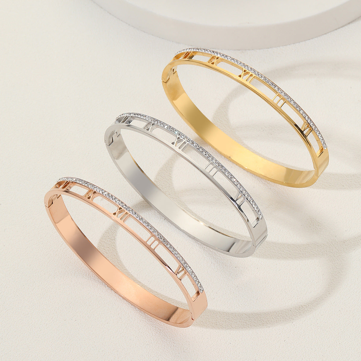 Minimalist Round Micro-inlay Rhinestone Titanium Steel Open Cuff Bracelet with Roman Text for Women