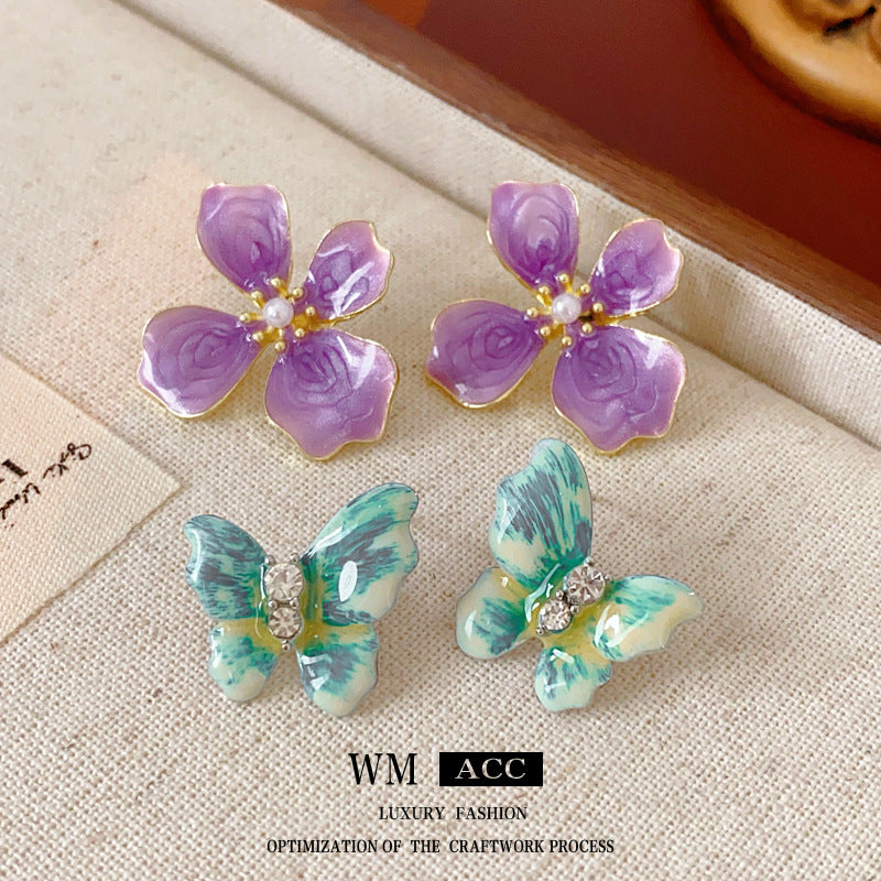Vintage-Style Butterfly Earrings with Enamel Finish in Alloy Base and 14K Gold Posts for Women