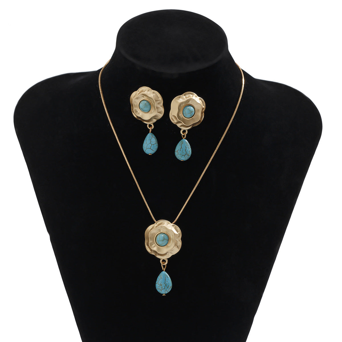 Collana da donna vintage in lega, a forma floreale e a goccia, con intarsio di strass, finitura placcata e catena snake
