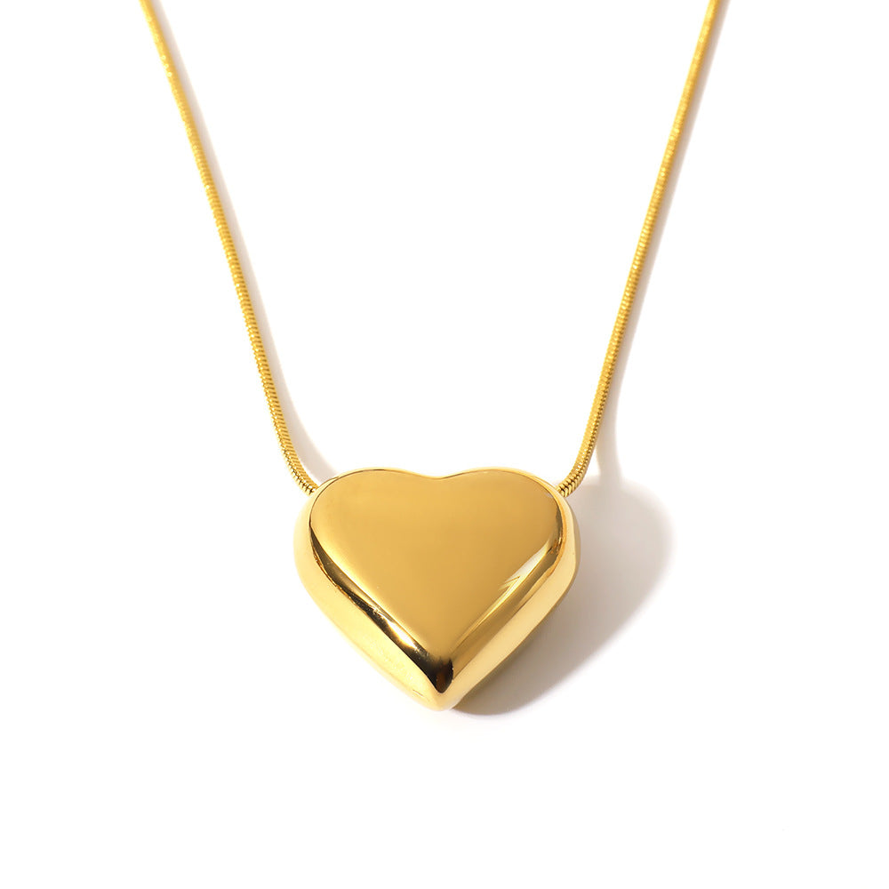 Minimalist 3D Heart-Shaped Titanium Steel Pendant Necklace with 18K Vacuum Plated Finish on O-Chain for Women