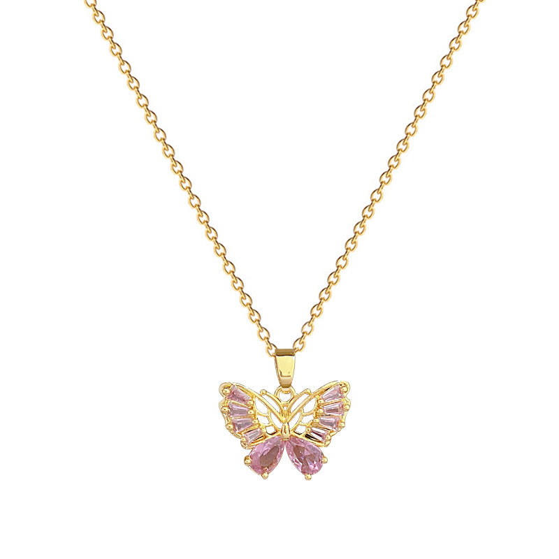 Sweet Minimalist Butterfly Rhinestone Titanium Steel Necklace for Unisex