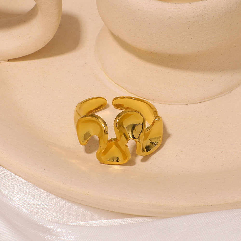 Anello in acciaio inossidabile con trama a onda geometrica, placcato in oro 18 carati, impermeabile, unisex, alla moda