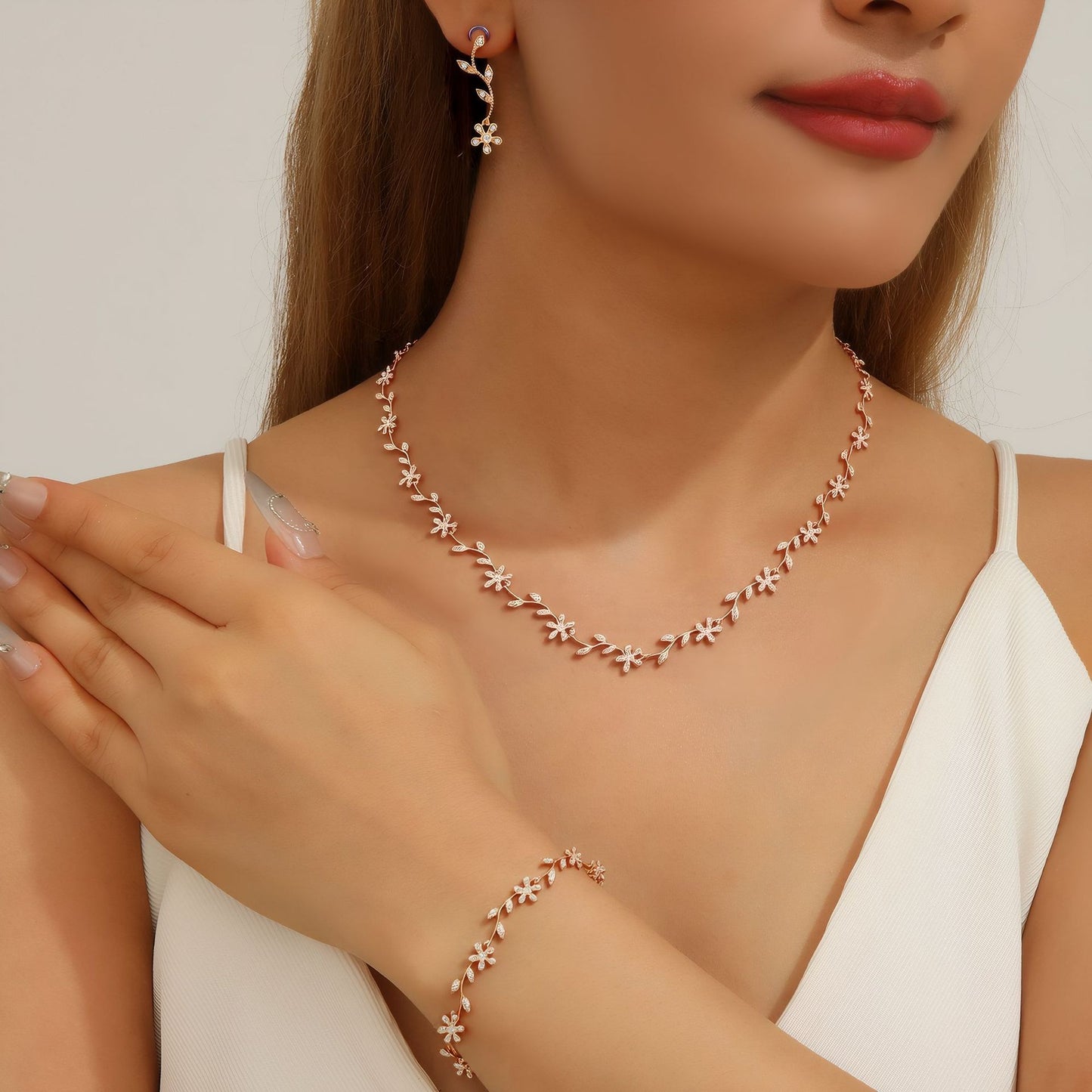 Minimalist Leaf-Shaped Alloy Necklace Set with Rhinestone Inlay for Women Including Necklace Earrings and Bracelet