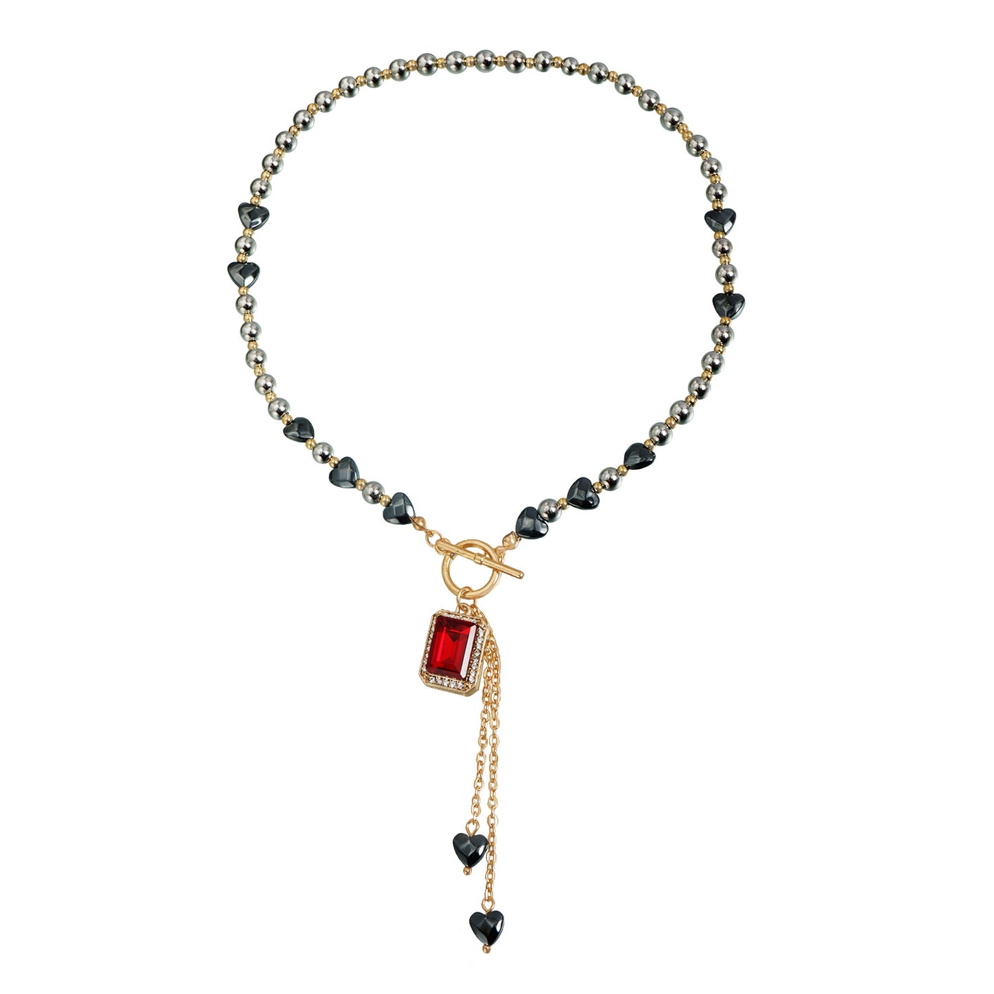 Sexy Streetwear Geometric Heart Alloy Necklace with Ruby and Hematite Inlay for Women