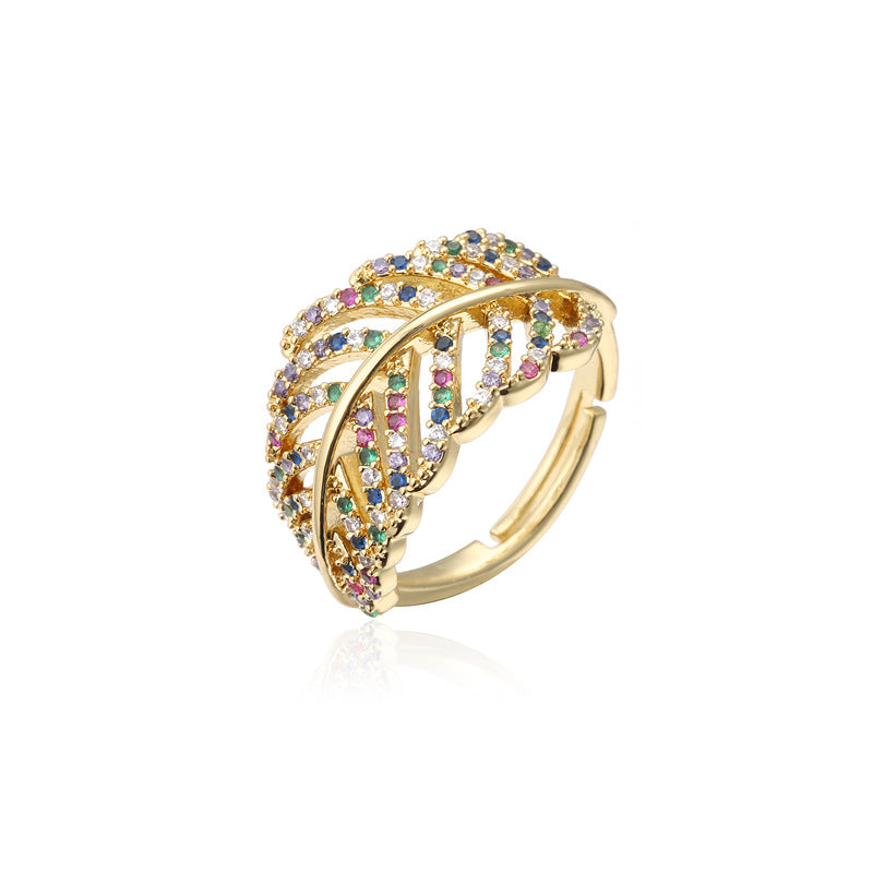 White Gold Plated Hollow Leaf Brass Ring with Micro-Inlay for Women
