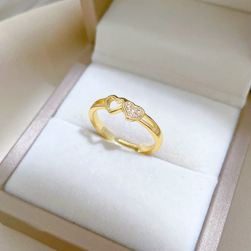 Cute Minimalist Hollow Heart Adjustable Ring in Brass with Gold Plating for Women