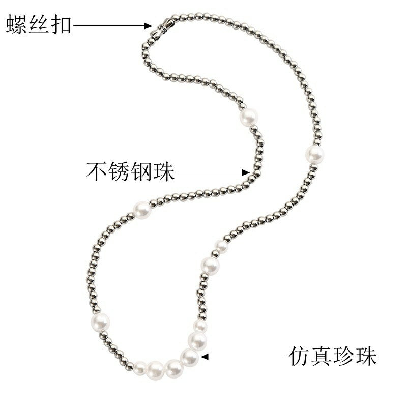 Collar de perlas geométrico de acero titanio con incrustaciones de perlas para estilo urbano unisex